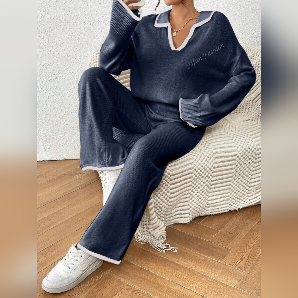 2pcs Contrast Color Splice Long Sleeve Simple Top And Pants Casual Set - Picture 6 of 6